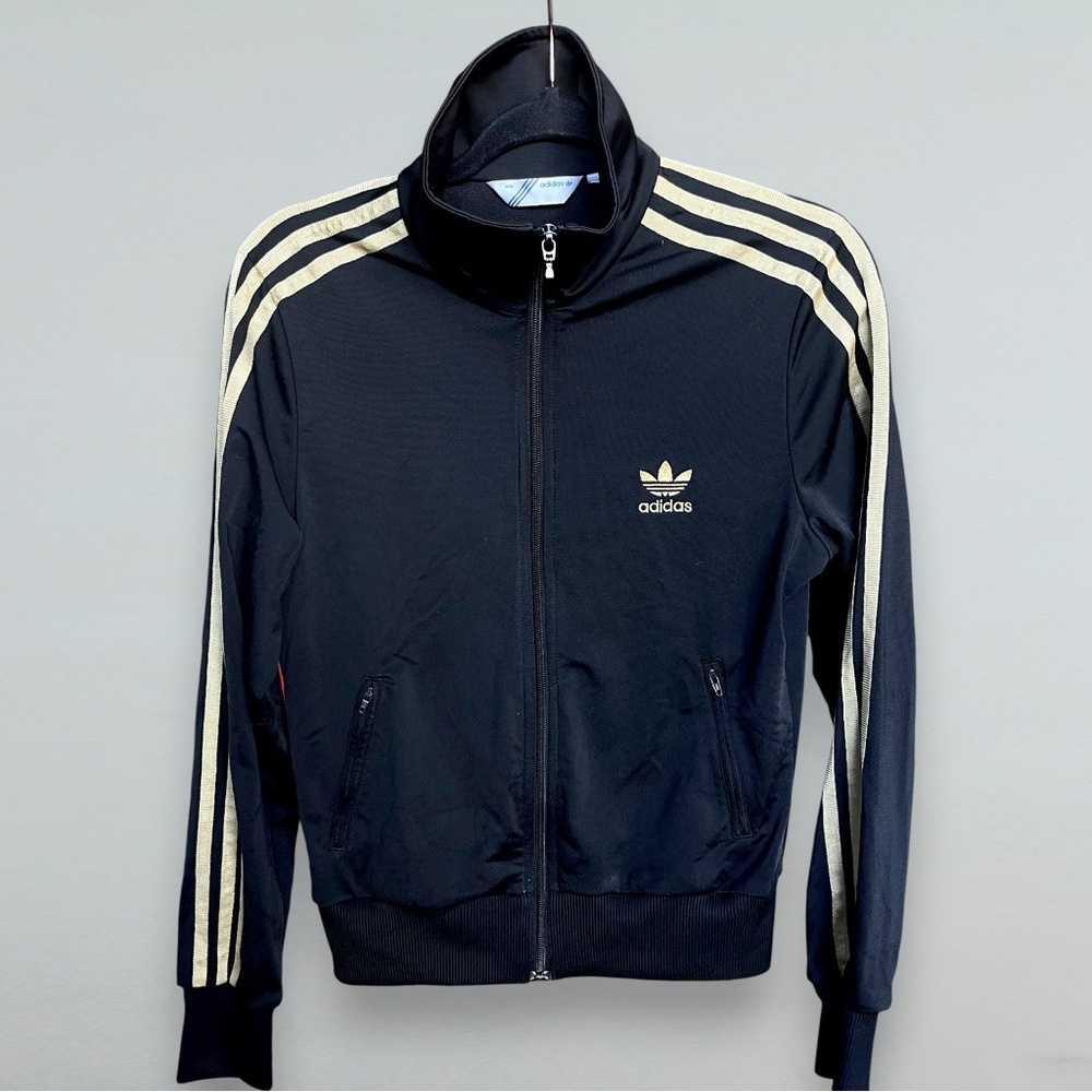 Adidas Originals Black Track Jacket | Gold Stripes & Trefoil Logo | Size M